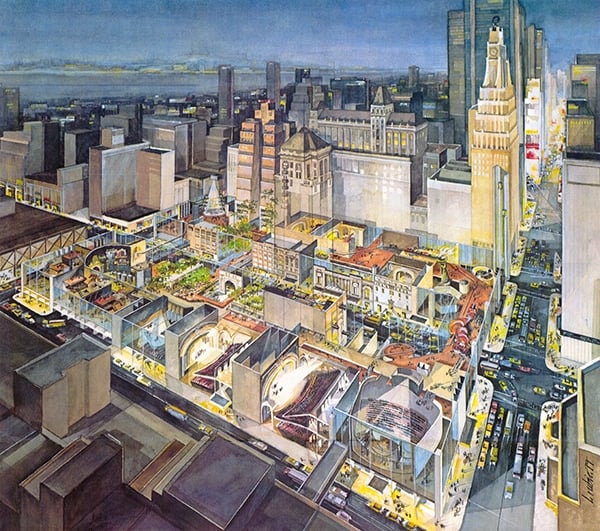 “The City at 42nd Street” was a vision for an entertainment-themed development on 42nd Street. This option was presented to Mayor Koch as a solution to the troubles on 42nd Street. He chose to take another path. Image: Chermayeff &amp; Geismar &amp; Haviv.