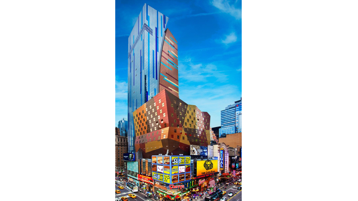 The Westin New York at Times Square, designed by the firm Arquitectonica. The hotel anchors the 42nd Street Development project on 8th Avenue between 42nd and 43rd Streets. Credit: The Westin New York at Times Square