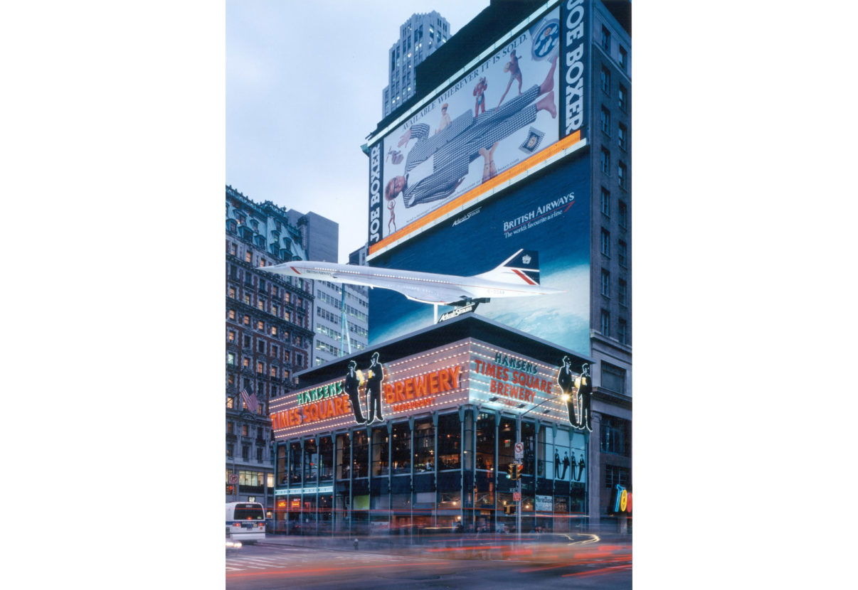 The Times Square Brewery, with the scale replica of a Concorde jet on its roof, was one of the business that moved to 42nd Street once the seedier businesses on the block had been condemned and moved out. Credit: Peter Aaron/Otto for Robert A.M. Stern Architects