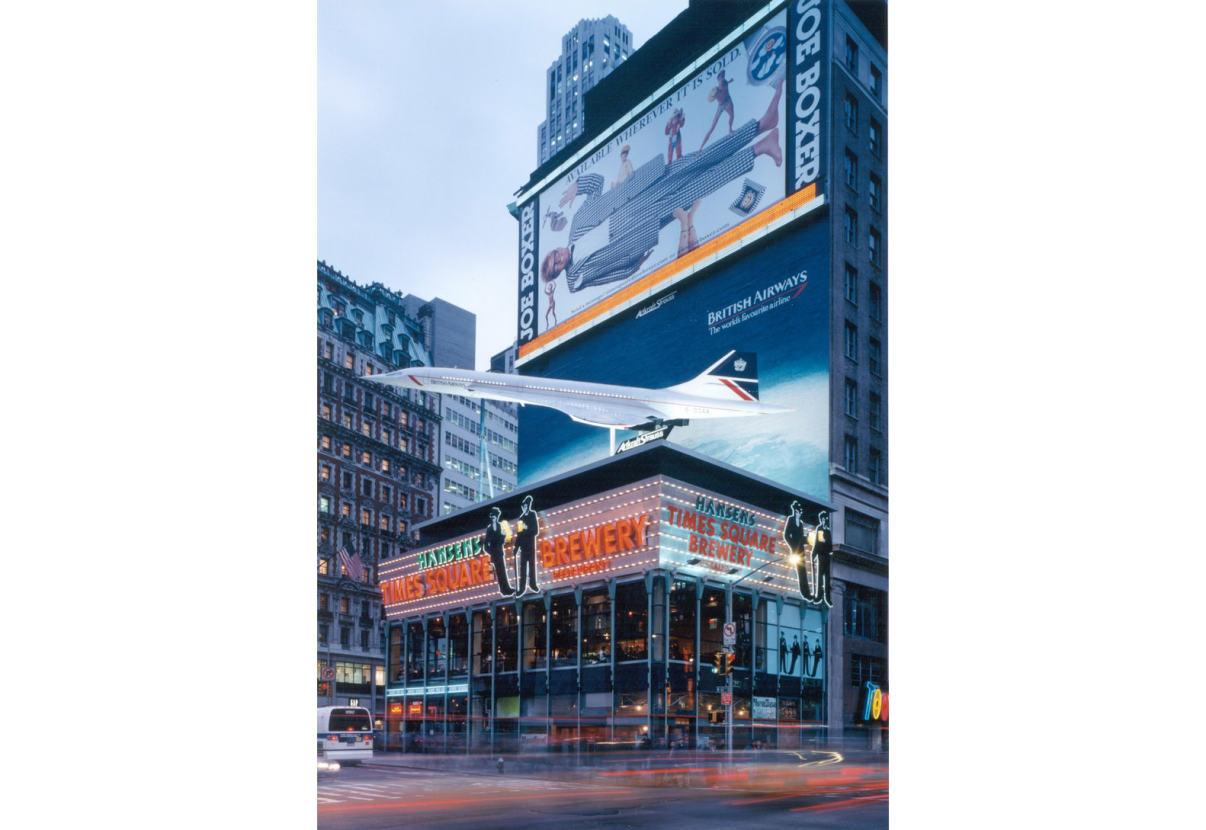 The Times Square Brewery, with the scale replica of a Concorde jet on its roof, was one of the business that moved to 42nd Street once the seedier businesses on the block had been condemned and moved out. Credit: Peter Aaron/Otto for Robert A.M. Stern Architects