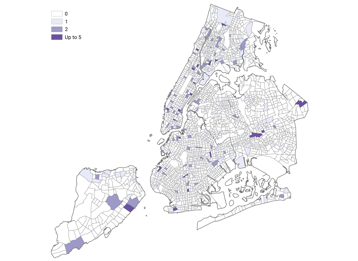 A map of Primary/Family Care Facilities in New York City&#039;s five boroughs highlighting certain areas in shades of purple, indicating data ranging from 0 to up to 5 according to the legend.