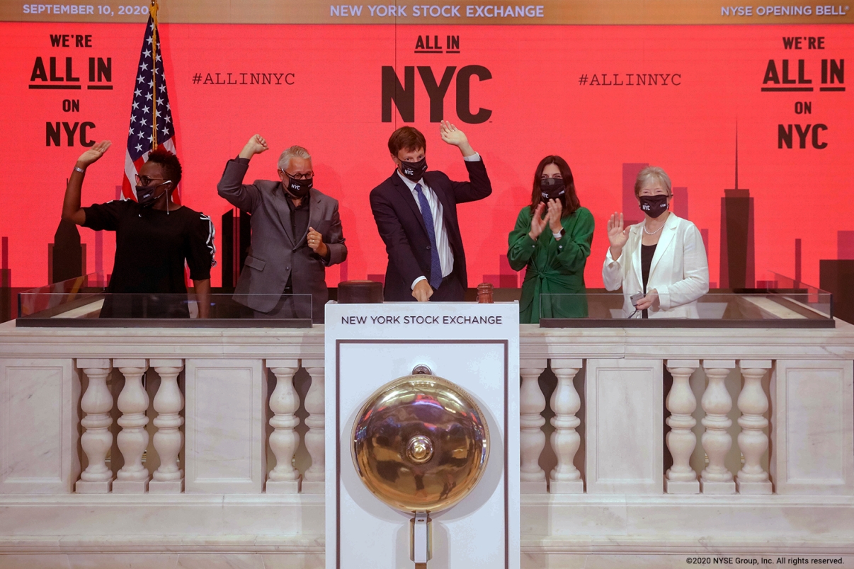 The New York Stock Exchange welcomed NYCEDC, NYC &amp; Company, and other civic leaders in celebration of All In NYC, a campaign to remind the world of the immutable spirit of New Yorkers. President and CEO of NYCEDC James Patchett, joined by NYSE President Stacey Cunningham, rang The Opening Bell®