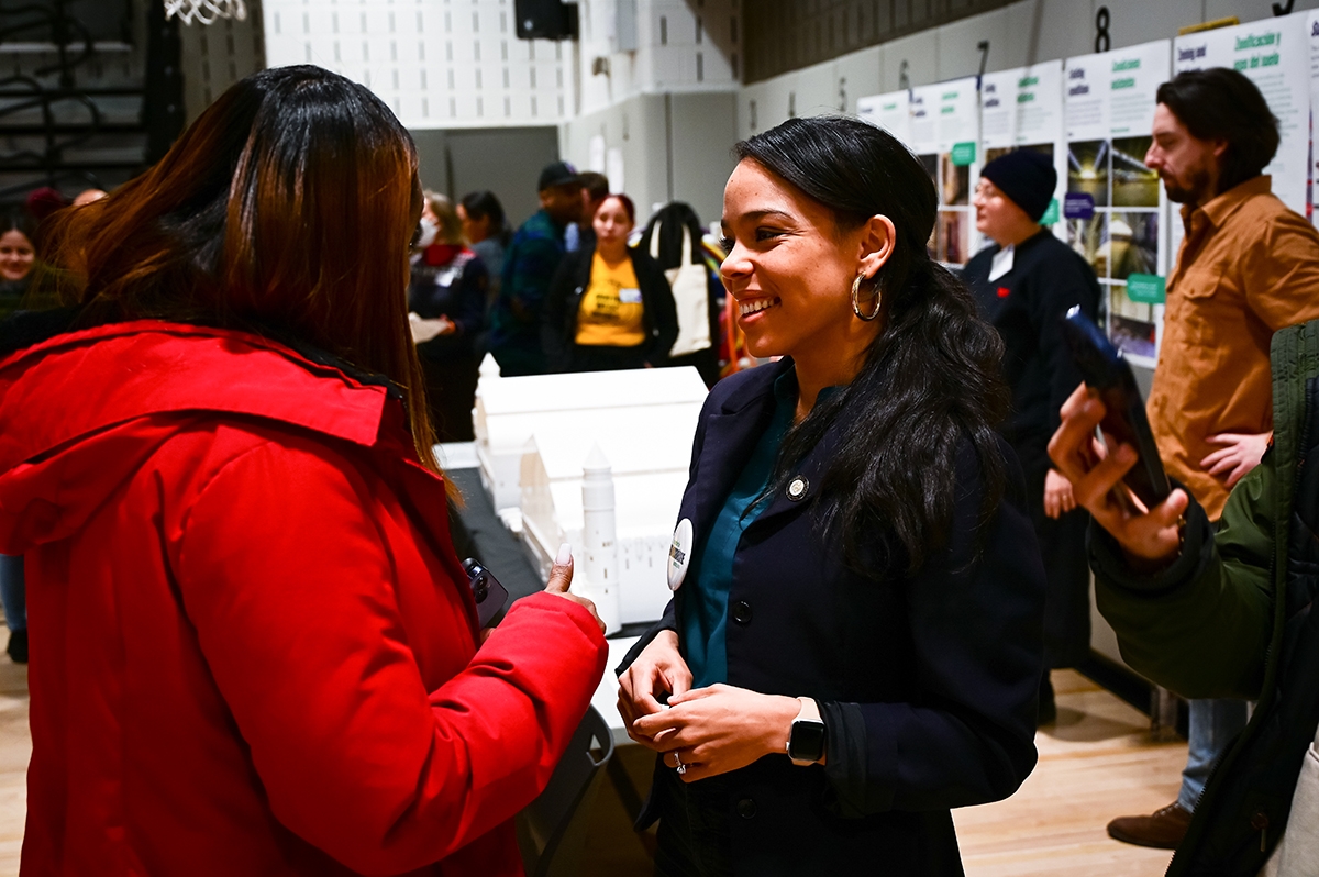 Council Member Pierina Sanchez speaking with a participant during the second Public Workshop