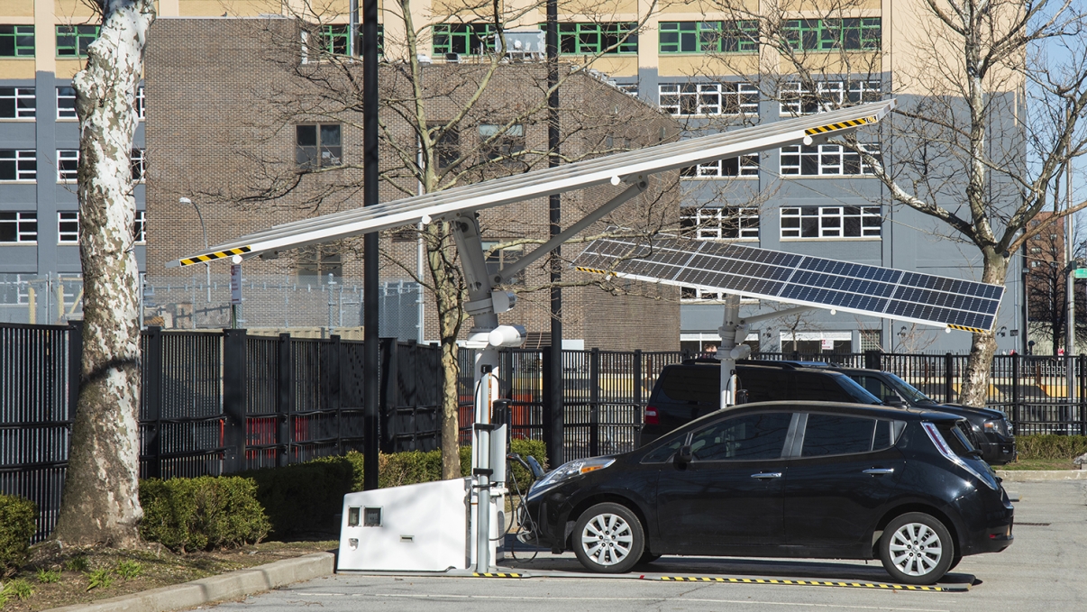 Solar powered electric car charging station, Brooklyn, NY.