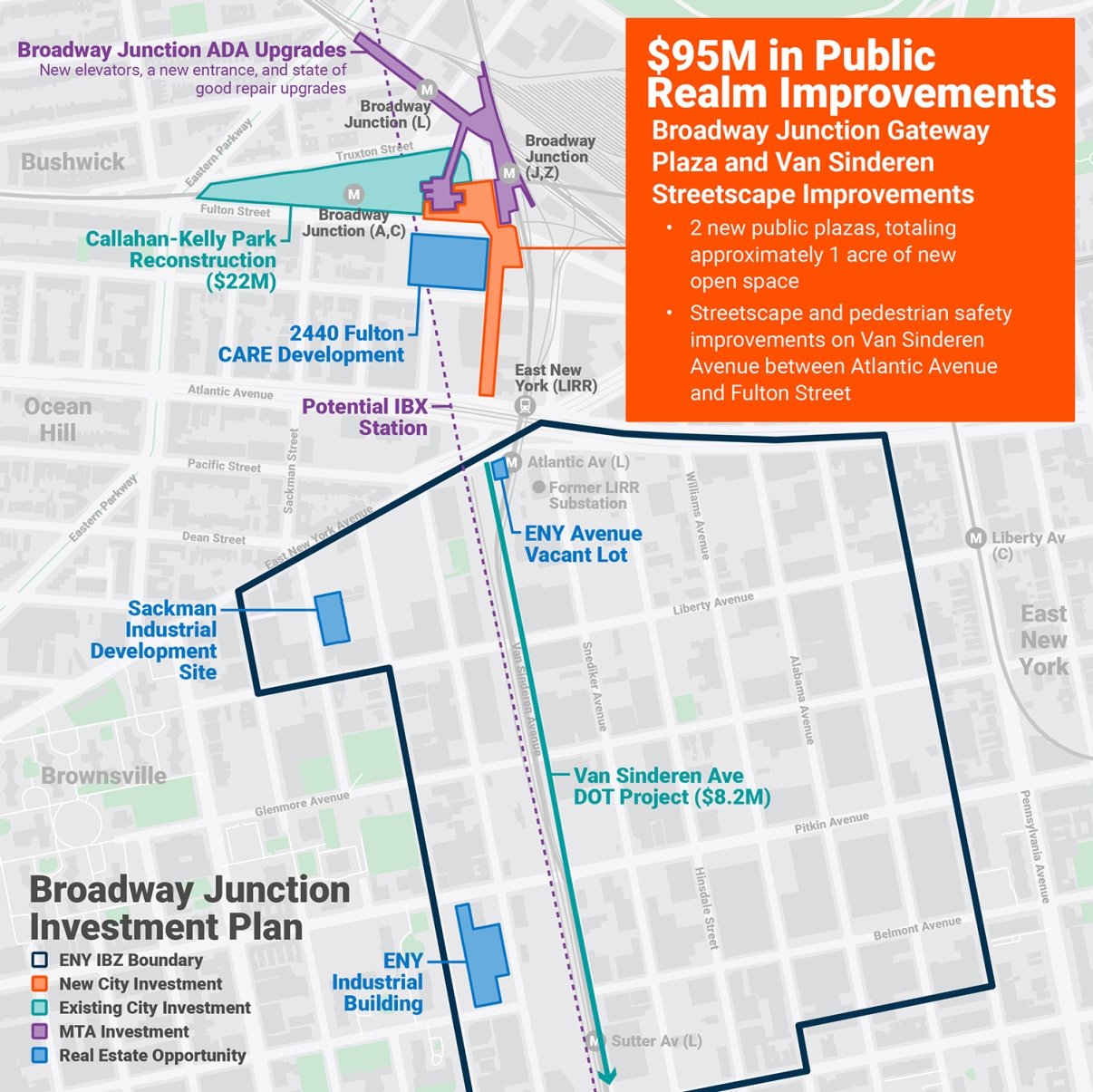 A map of the investments coming to the area around the Broadway Junction station complex.