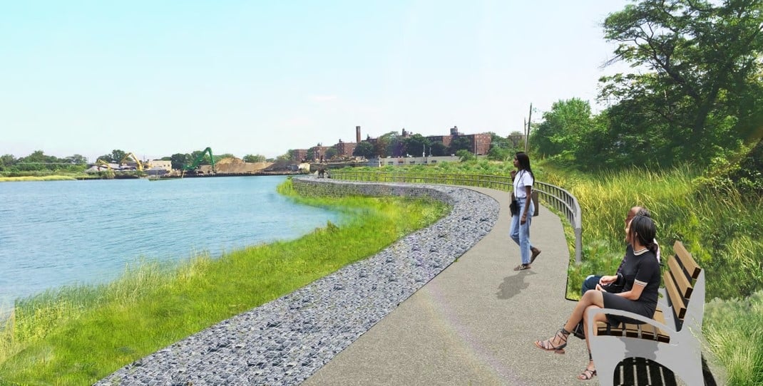 Rendering of raised shoreline initiative in Mott Basin, Queens