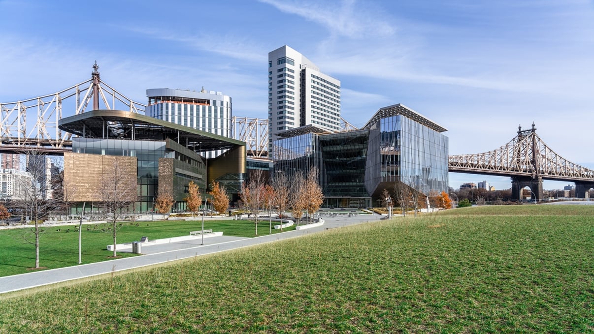 Cornell Technion Campus on Roosevelt Island. Show thumbnail preview A modern campus with glass buildings is set against a backdrop of a large bridge and a tall white building. The foreground features a green lawn and pathways lined with trees. The sky is clear and blue.