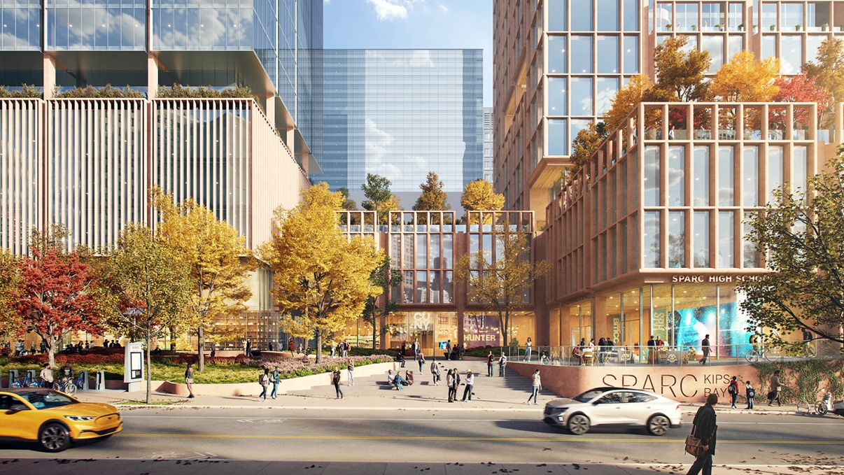 Rendering of the SPARC Kips Bay courtyard with trees, cars, and people passing by on the sidewalk. Credit: SOM/ Miysis.