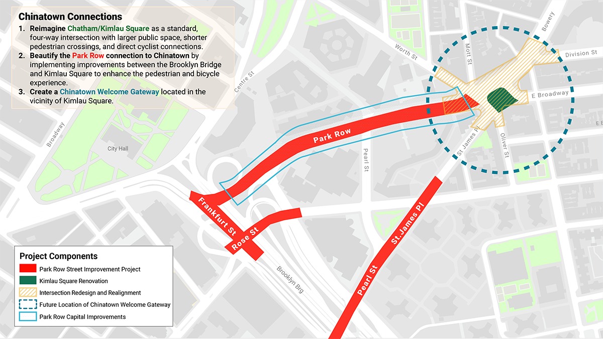 Map of public realm improvements around New York City's Chinatown’s southern gateway at Chatham Square Map of public realm improvements around New York City's Chinatown’s southern gateway at Chatham Square