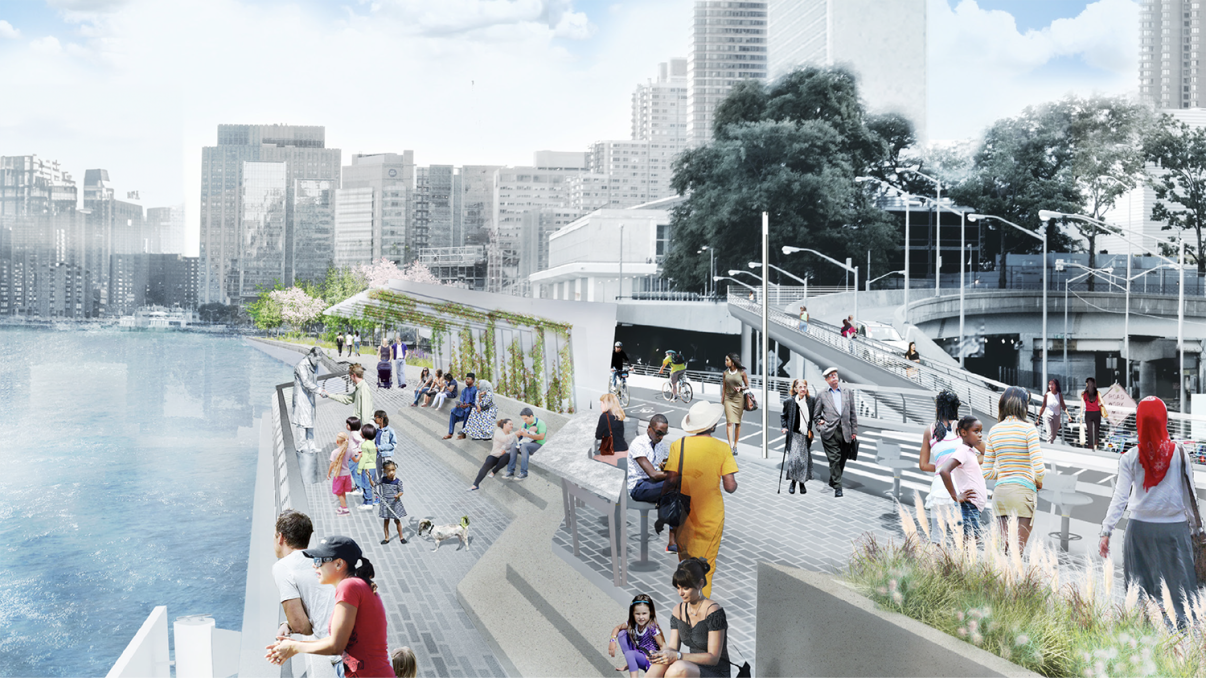 Conceptual rendering of the Manhattan Greenway UN Esplanade looking south.