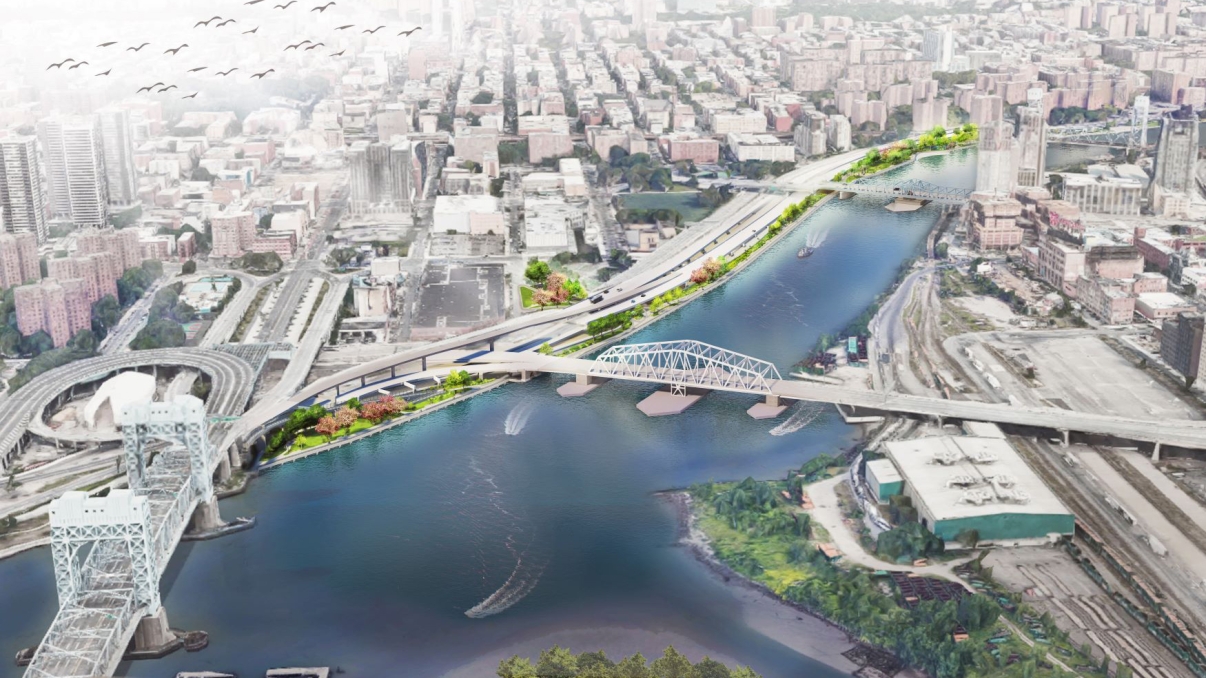 Aerial view of the Harlem River Greenway under the RFK Bridge and Willis Avenue Bridge, with green spaces and buildings along the water.