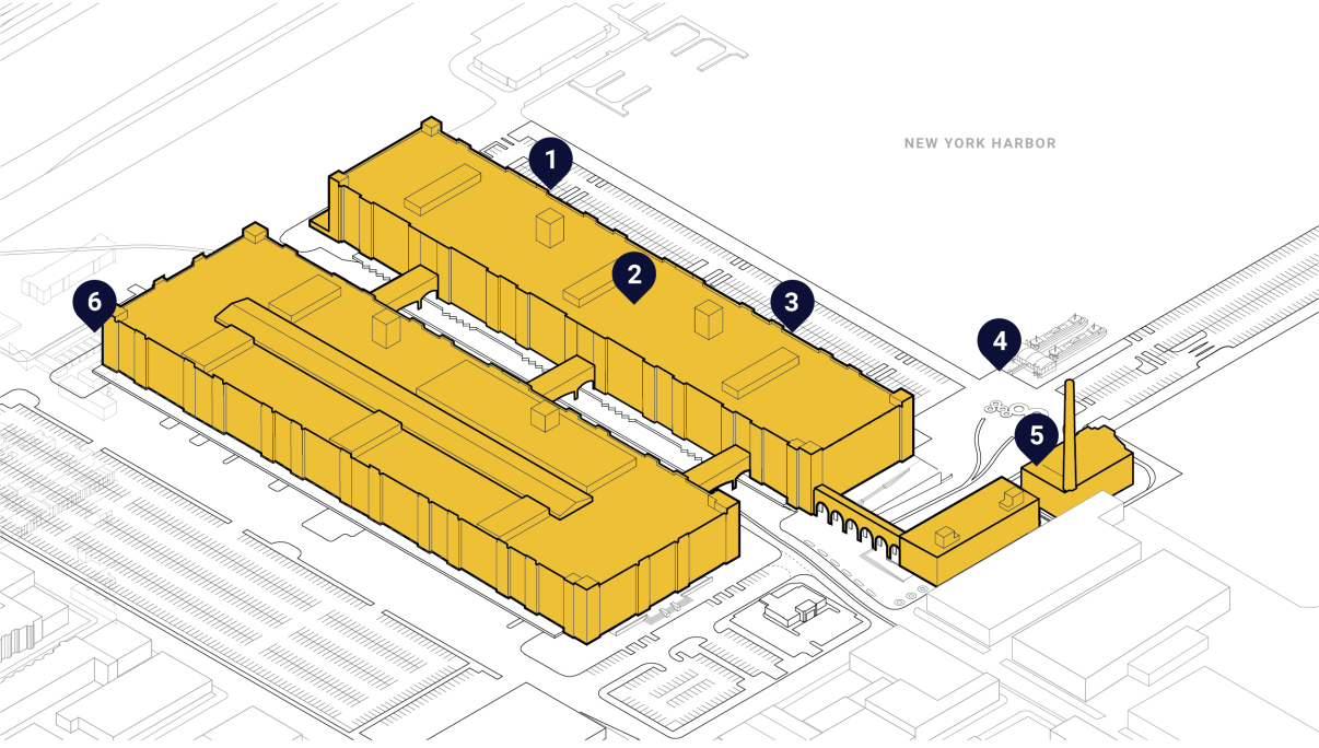 3D architectural map of Pilots at Brooklyn Army Terminal, a complex with interconnected rectangular yellow buildings. Numbered markers (1-6) indicate pilot zones throughout the BAT campus. The label New York Harbor is visible in the background.