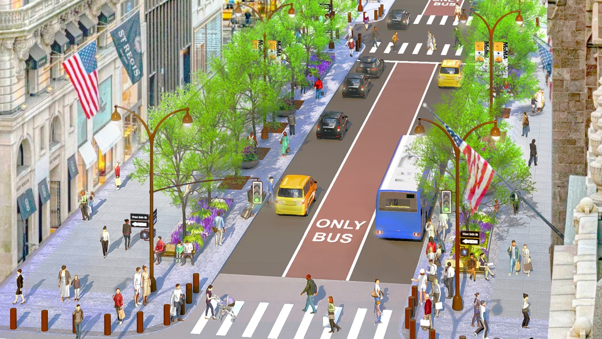 Aerial rendering of a bustling Fifth Avenue featuring dedicated bus lanes, busy sidewalks, and planted trees, surrounded by tall buildings.