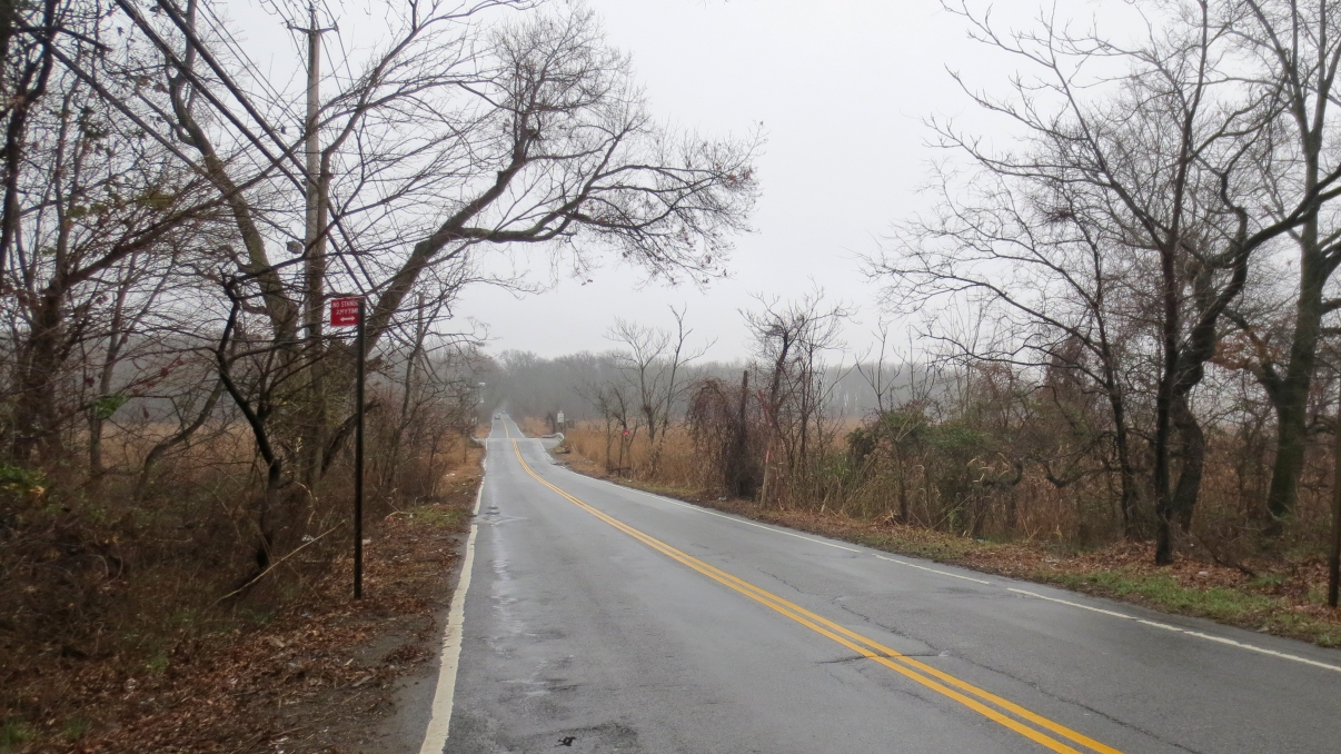 A deserted two-lane road stretches into the distance on a cloudy day. Bare trees line both sides, and a red sign is visible on the left. The scene conveys a quiet, overcast atmosphere.