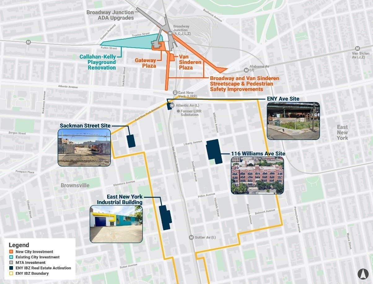 Map of East New York detailing development sites and investments. Key areas include Sackman Street, ENY Ave, and 116 Williams Ave. Notable zones labeled for NYC investments, real estate activation, and MTA involvement. Includes directional arrows.