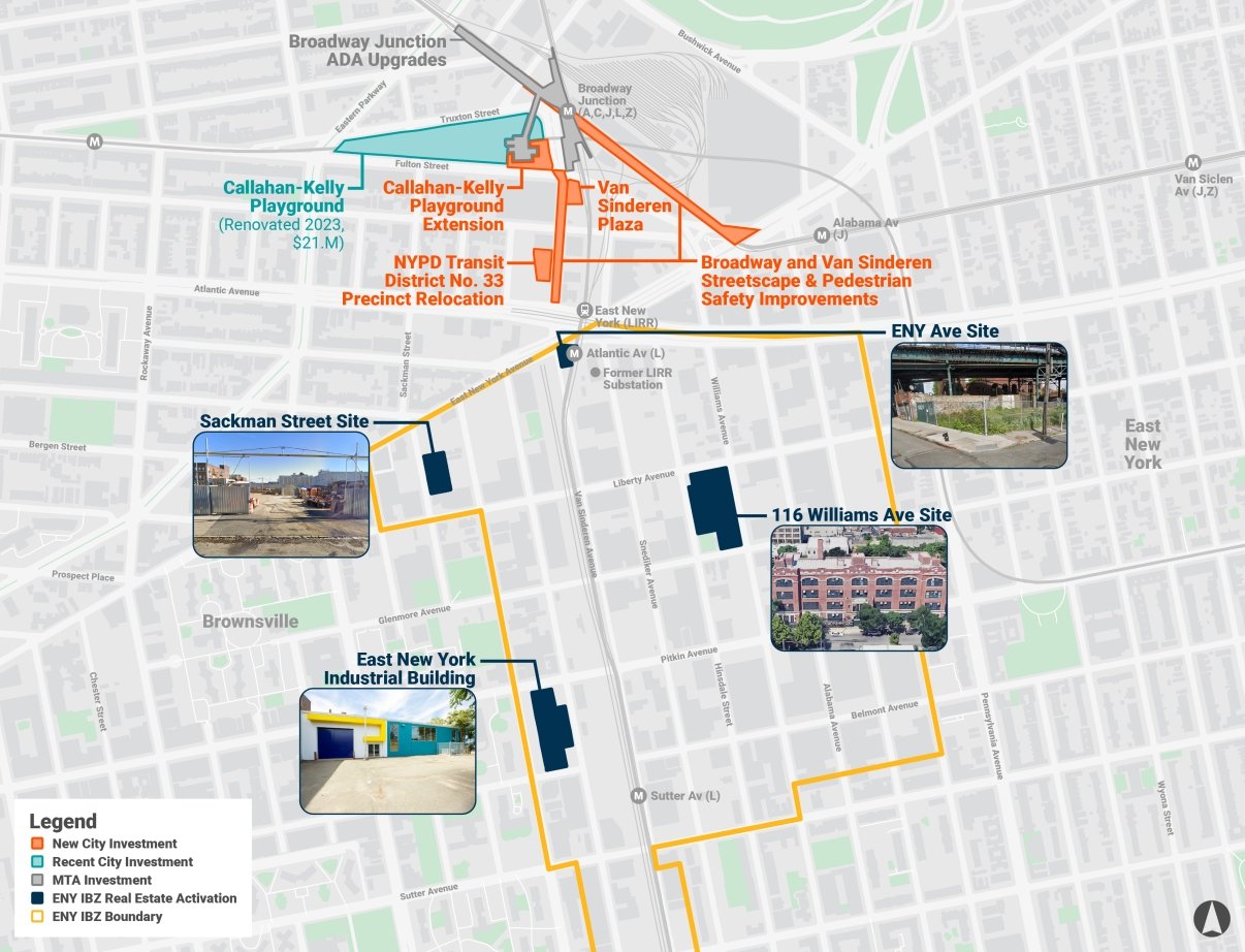 Map of East New York and Broadway Junction highlights sites for new city investments, park upgrades, street improvements, and real estate activation with color-coded lines and photos marking specific locations and projects. Map of East New York and Broadway Junction highlights sites for new city investments, park upgrades, street improvements, and real estate activation with color-coded lines and photos marking specific locations and projects.