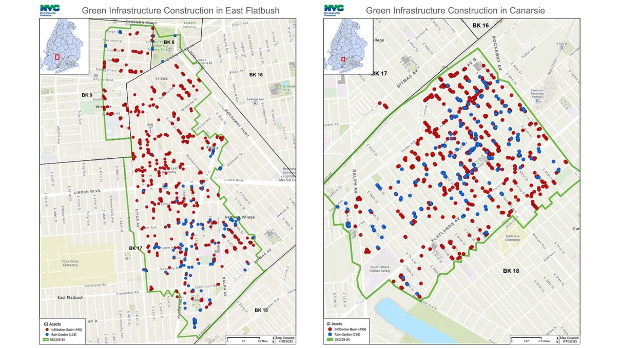 Side-by-side maps show green infrastructure construction sites in East Flatbush and Canarsie, Brooklyn, marked by red and blue dots within outlined neighborhood boundaries. Street names and a small inset NYC map are visible. Side-by-side maps show green infrastructure construction sites in East Flatbush and Canarsie, Brooklyn, marked by red and blue dots within outlined neighborhood boundaries. Street names and a small inset NYC map are visible.