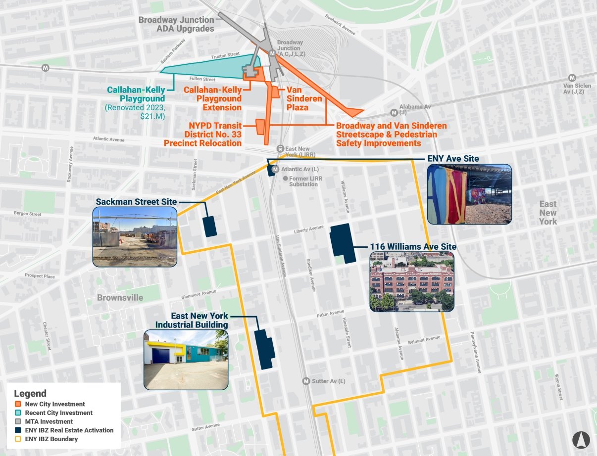 Map of East New York and Broadway Junction highlights sites for new city investments, park upgrades, street improvements, and real estate activation with color-coded lines and photos marking specific locations and projects. Map of East New York and Broadway Junction highlights sites for new city investments, park upgrades, street improvements, and real estate activation with color-coded lines and photos marking specific locations and projects.