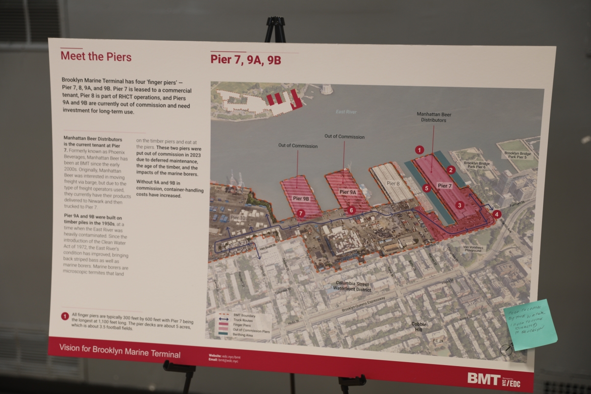 An informational board titled Meet the Piers shows a map of Brooklyn Marine Terminal, highlighting piers 7, 9A, and 9B with sections marked Out of Commission. Text explains the piers’ commercial use and current status.