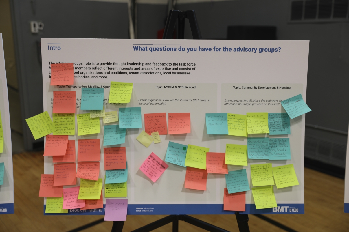 A display board with three sections is covered in colorful sticky notes containing handwritten questions and comments under topics like transportation, youth, and housing at a Brooklyn Marine Terminal community event.