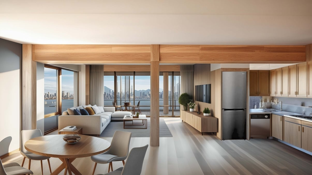 Rendering of New Stapleton Waterfront highlights modern open-concept apartment with kitchen, dining area, and living room, large windows offering a city skyline view, light wood flooring and furniture, and neutral-toned decor. Image credit: GF55 Architects. Rendering of New Stapleton Waterfront highlights modern open-concept apartment with kitchen, dining area, and living room, large windows offering a city skyline view, light wood flooring and furniture, and neutral-toned decor. Image credit: GF55 Architects.