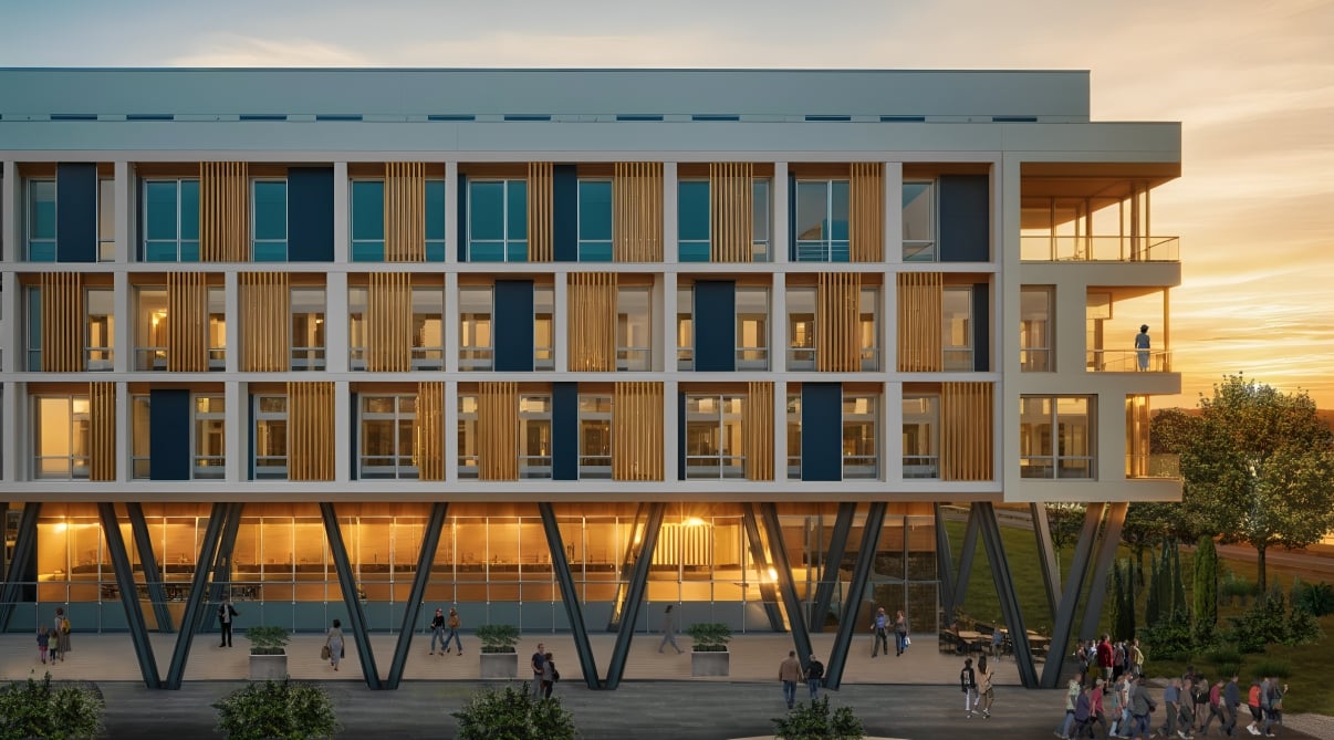 Rendering of New Stapleton Waterfront featuring a modern building with large windows and vertical wooden slats, elevated on angled pillars. People walk and gather outside at sunset, with soft light glowing from inside. Trees and greenery are visible around the entrance. Image credit: GF55 Architects. Rendering of New Stapleton Waterfront featuring a modern building with large windows and vertical wooden slats, elevated on angled pillars. People walk and gather outside at sunset, with soft light glowing from inside. Trees and greenery are visible around the entrance. Image credit: GF55 Architects.