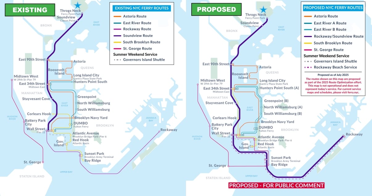 Side-by-side maps compare existing and proposed NYC ferry routes, highlighting changes in service lines and stops across the Bronx, Queens, Brooklyn, and Manhattan, with color-coded routes and labeled terminals.