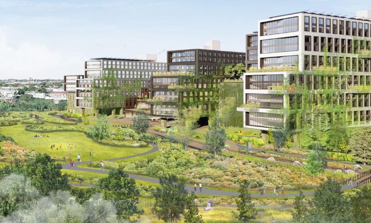 Rendering of around 60 acres of public parkland by S9 Architecture shows modern multi-story office buildings with large windows are surrounded by lush greenery, walking paths, and open green spaces where people are walking and relaxing, creating an urban environment integrated with nature. Rendering of around 60 acres of public parkland by S9 Architecture shows modern multi-story office buildings with large windows are surrounded by lush greenery, walking paths, and open green spaces where people are walking and relaxing, creating an urban environment integrated with nature.