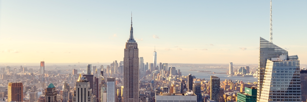 An aerial view of midtown Manhattan looking south toward the Empire State Building and beyond.
