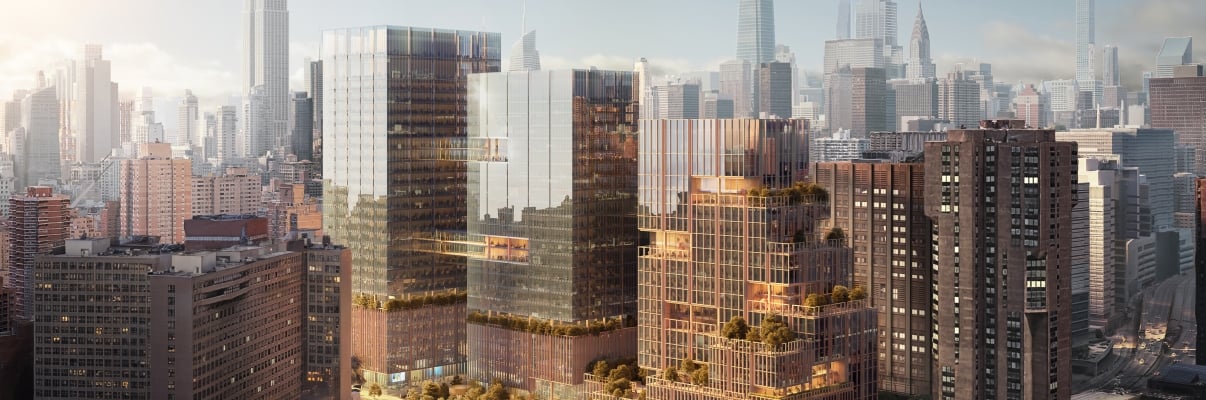 Rendering of SPARC. A cityscape view of a modern urban area featuring several high-rise glass buildings. The sun casts a warm glow, reflecting off the structures. In the background, a skyline of taller skyscrapers is visible against a hazy sky.