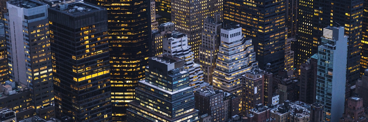 High angle shot of large group of majestic skyscrapers in Manhattan, New York City.