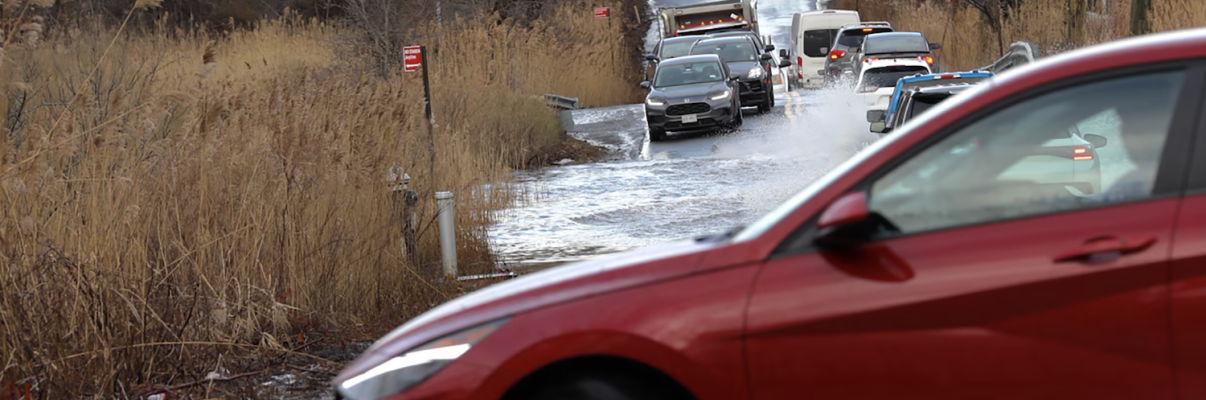 A red car crosses a flooded road, with other vehicles lined up behind it. The road is partially submerged, flanked by tall grass and trees. Overcast sky and power lines are visible in the background. A red car crosses a flooded road, with other vehicles lined up behind it. The road is partially submerged, flanked by tall grass and trees. Overcast sky and power lines are visible in the background.