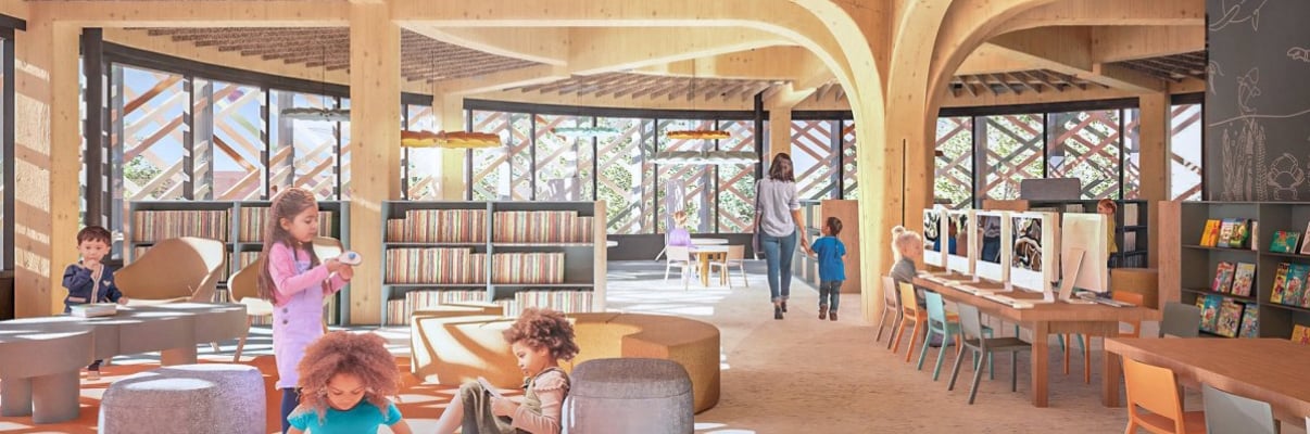 Interior rendering of the Brooklyn Public Library showing the inside of a modern library with mass timber beams and large windows. Children are reading books and engaging with interactive displays. Shelves are filled with colorful books, and the space is bright and open with a warm, welcoming atmosphere.