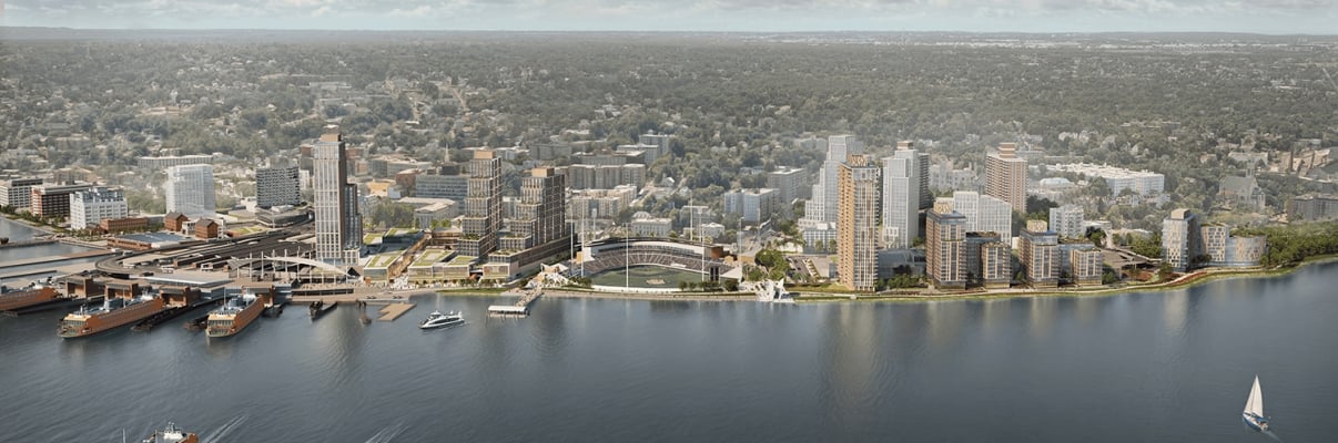 Aerial rendering of Staten Island North Shore with tall buildings, boats and ferries on the water, green spaces, and dense trees in the background. Credit: FXCollaborative.